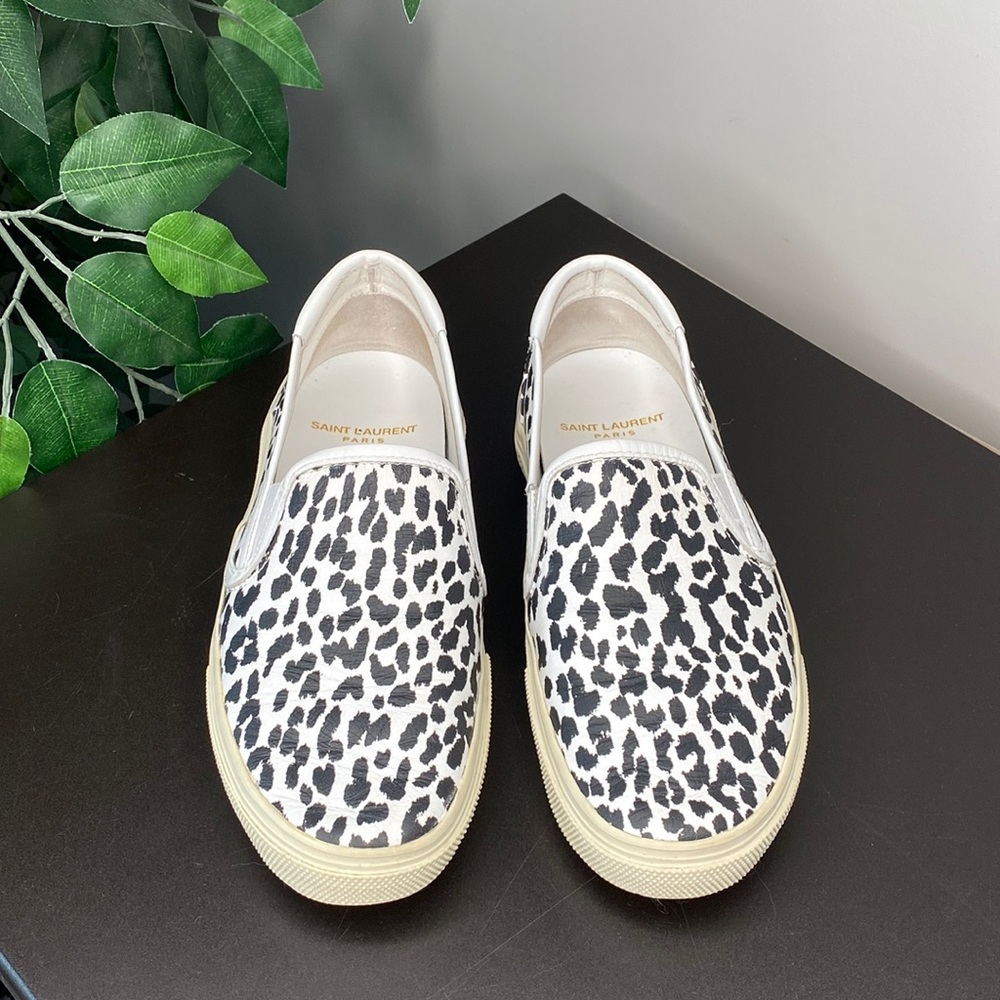 Saint Laurent White And Black Leopard Print Venice Slip-On Sneakers